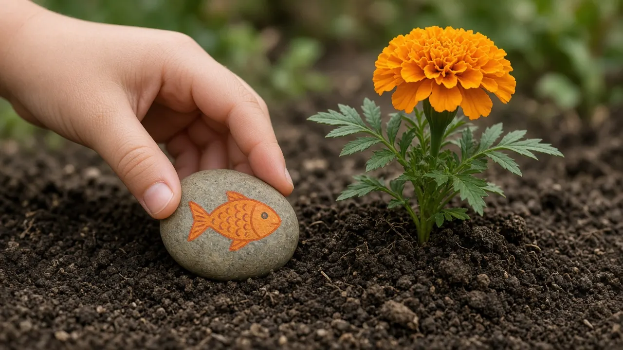 A child's hand placing a small painted stone beside a flowering plant in a garden bed