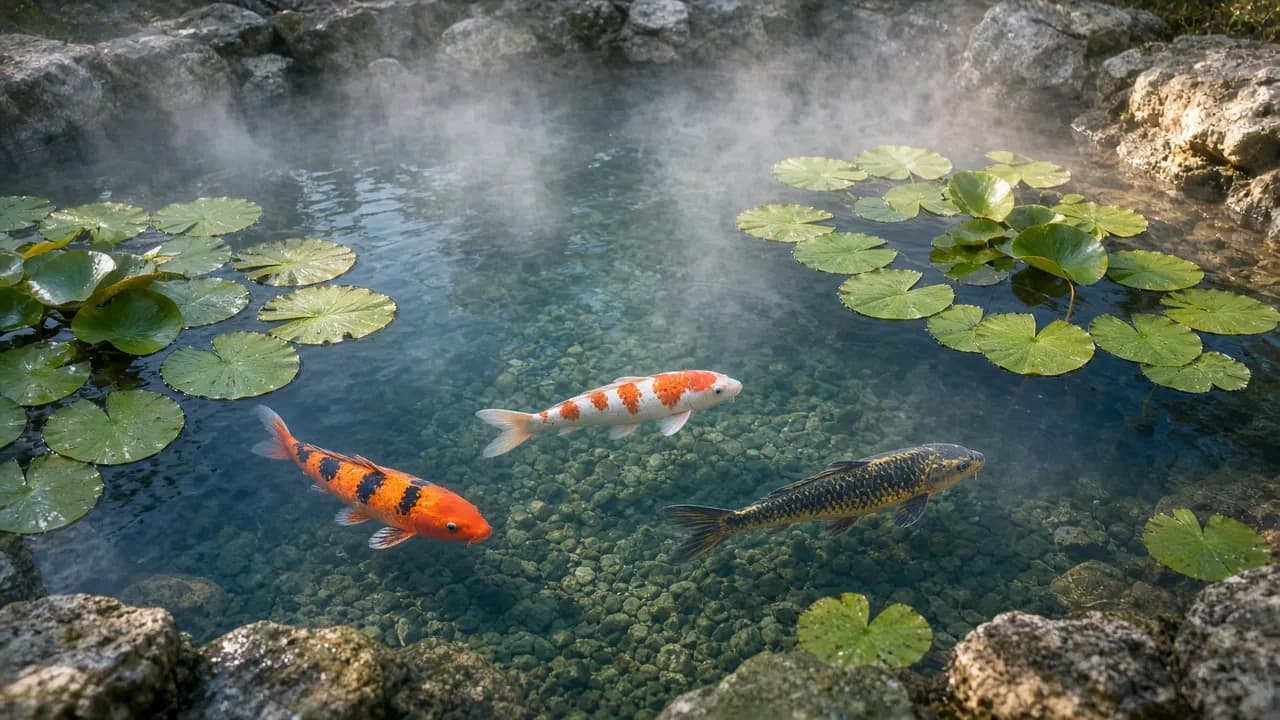 Orange and white koi gliding beneath lily pads in a clear garden pond at early morning